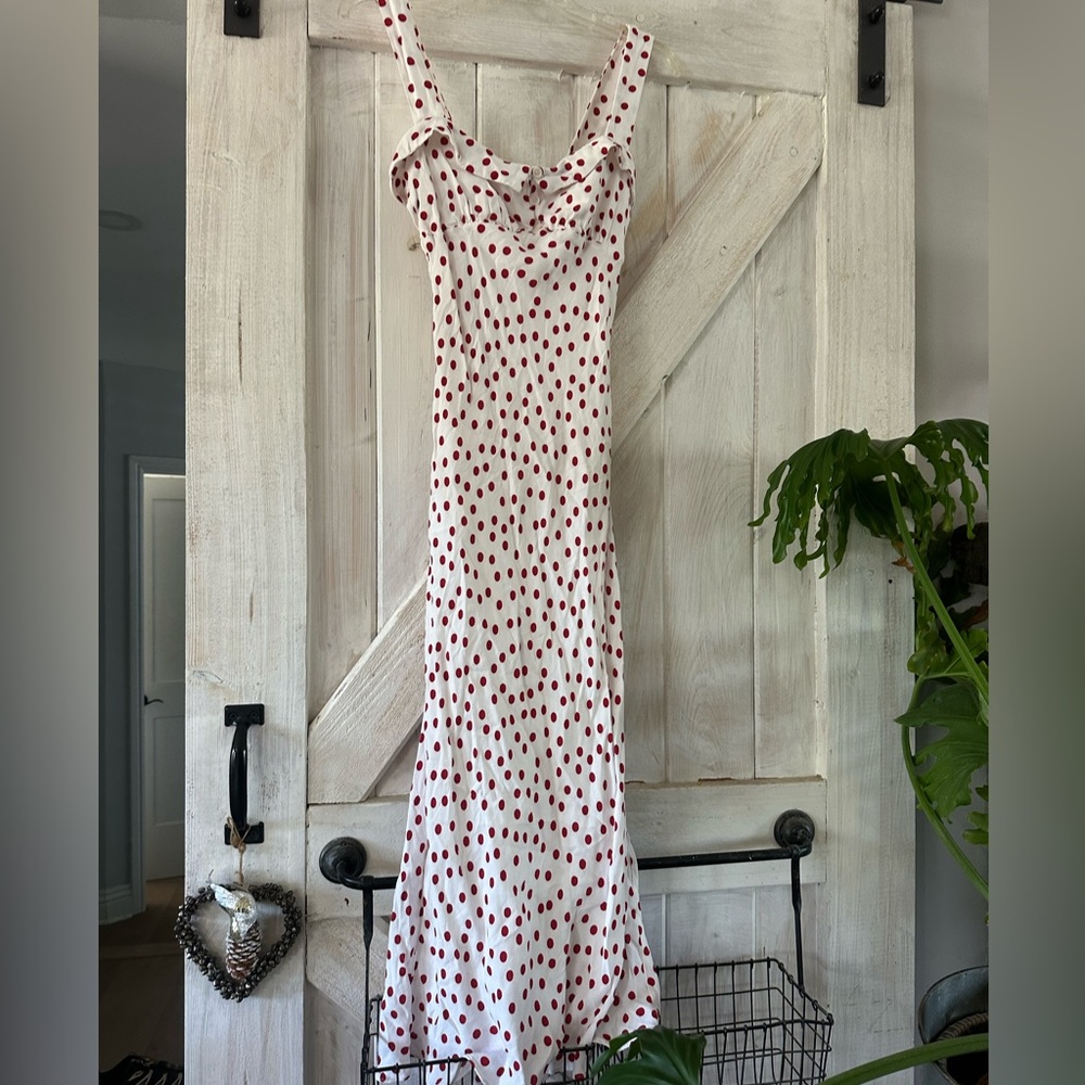 Reformation Cream Maxi Slip Dress with Red Polka Dots